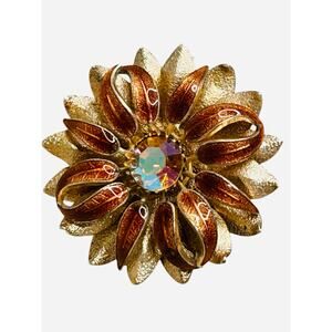 Vintage Warm Tones Enamel AB Rhinestone Center Gold Tone Flower Layered Brooch